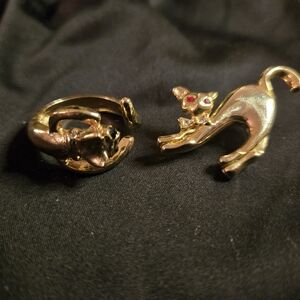 Vintage Gold Tone Cat Jewelry Set | Wrap Ring + Crystal Eye Cat Brooch